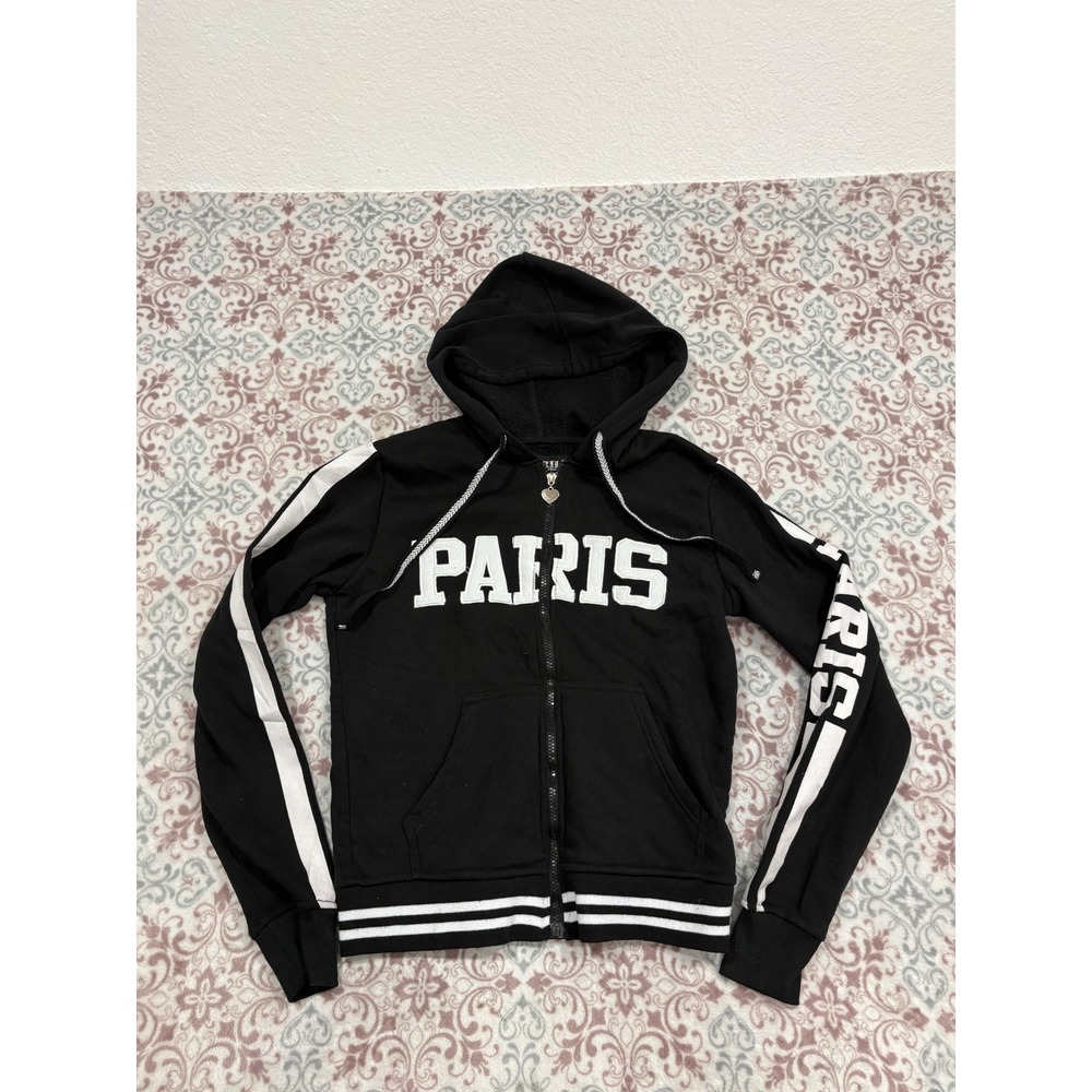 Thrill Paris Zip Up Hoodie Black White Graphic Fleece Sweatshirt XL Womens